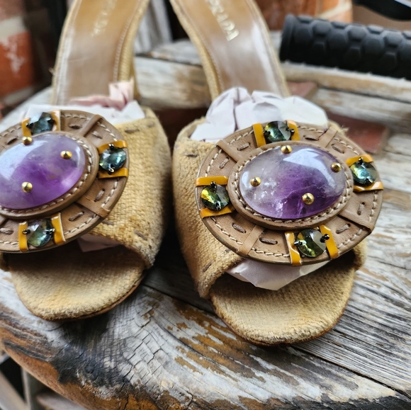 VINTAGE RARE AMETHYST LINEN WEDGE SLING BY PRADA - Picture 7 of 7